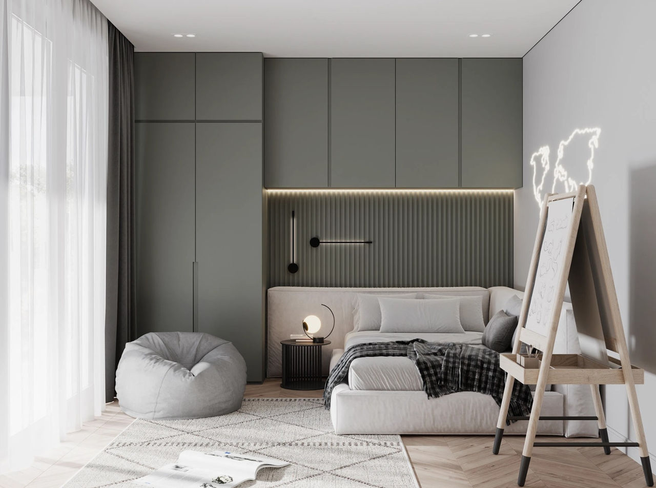 Contemporary bedroom with green accent wall designed by ST.ILL